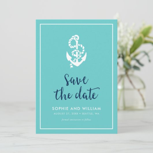 Anchor Turquoise und Blue Script Save the Date (Stehend Vorderseite)