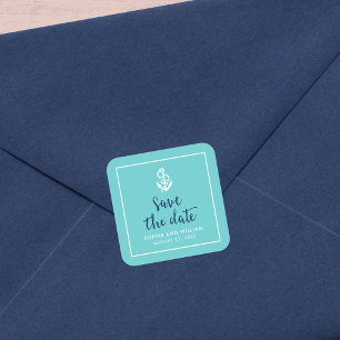 Anchor Turquoise und Blue Script Save the Date Quadratischer Aufkleber