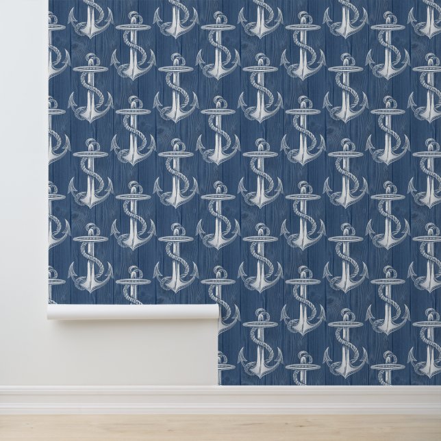 Anchor Vintag Blue Wood Beach Wallpaper Tapete (Anwendung)