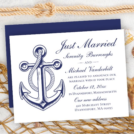 Anchor Wedding Navy Blue Nautical Just Married Einladung