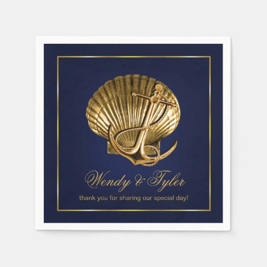Anchored Seashell Nautic Cocktail Party | dunkelbl Serviette (Vorderseite)
