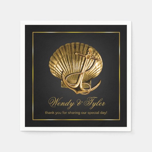 Anchored Seashell Nautic Cocktail | Schwarz und Go Serviette (Vorderseite)