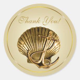 Anchored Seashell Nautical Danke   Ecru und Gold Runder Aufkleber