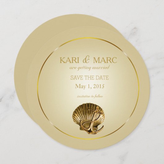 Anchored Seashell Save the Date | Ecru und Gold Einladung (Vorne/Hinten)