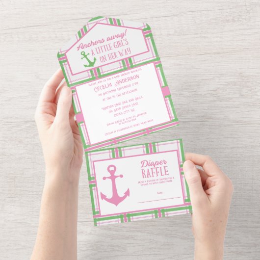 Anchors Away Girl Nautical Baby Shower All In One Einladung (Abreißen)