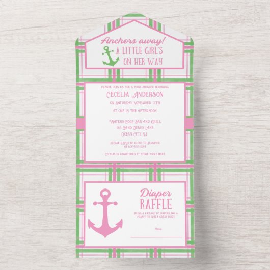 Anchors Away Girl Nautical Baby Shower All In One Einladung (Innen Boden)