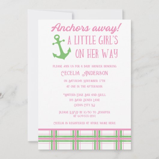 Anchors Away Girl Nautical Baby Shower Einladung (Vorderseite)