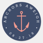 Anchors Aweigh | Coral & Navy Nautical Baby Show Runder Aufkleber (Vorderseite)