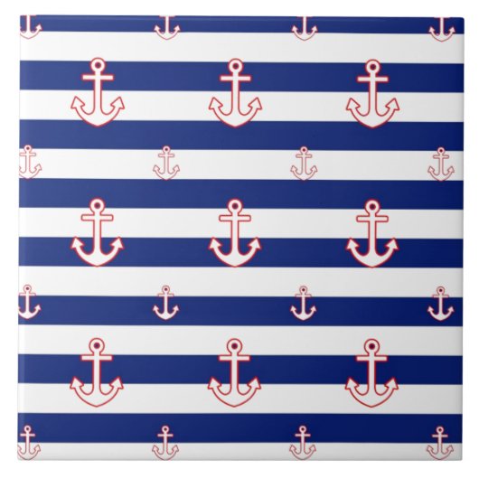 Anchors on Stripes Nautical Decor Fliese (Vorderseite)