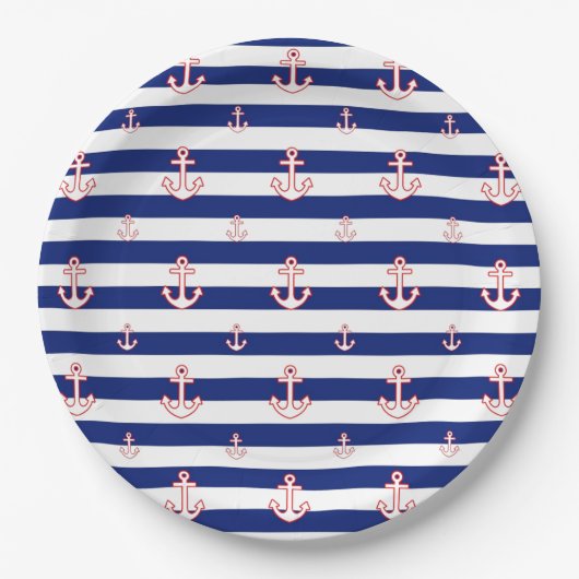 Anchors on Stripes Nautical Decor Pappteller (Vorderseite)