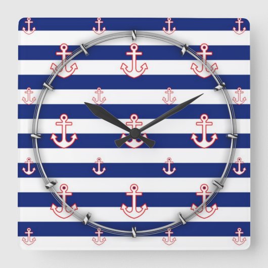 Anchors on Stripes Nautical Pattern Quadratische Wanduhr (Vorderseite)