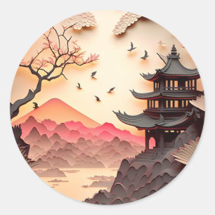 Ancient Chinese Scene Paper Cut Round Stickers