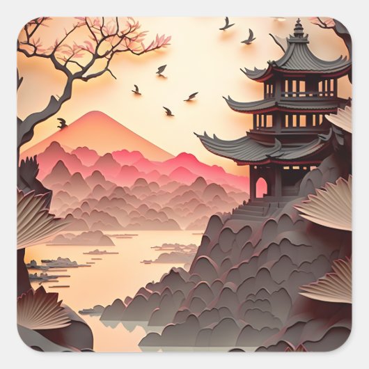 Ancient Chinese Scene Paper Cut Square Stickers (Vorderseite)