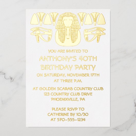 Ancient Egypt King Tut Themed Custom Party Folieneinladung (Vorderseite)