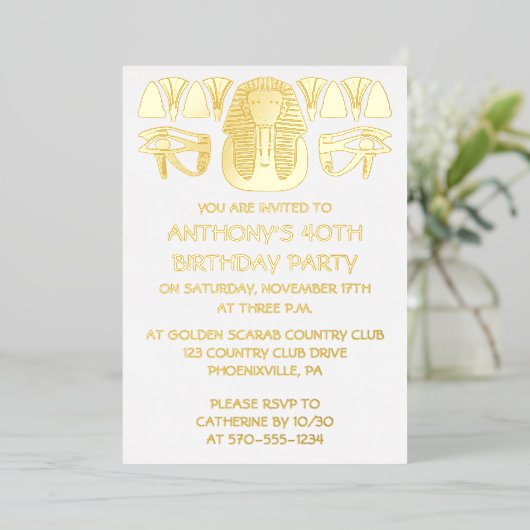 Ancient Egypt King Tut Themed Custom Party Folieneinladung (Stehend vorne)