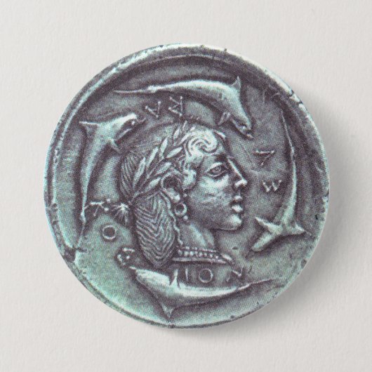 ancient Greek coin dolphins portrait button (Vorderseite)