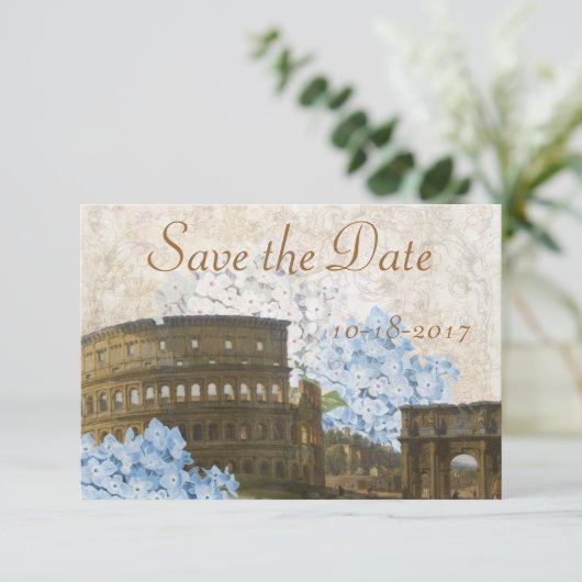 Ancient Rome Blue Hydrangea Save the Date Card (Stehend Vorderseite)