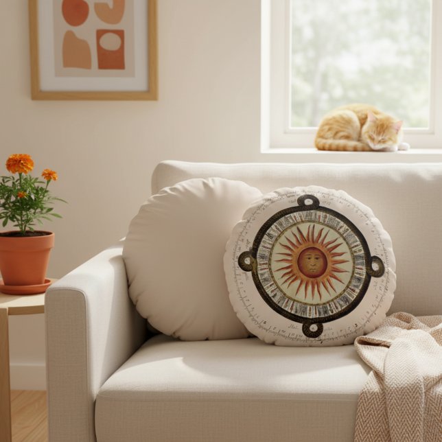 Ancient Sun Face Aztec Calendar Art Round Pillow Rundes Kissen (Aztec Calendar vintage art pillow. Decorative round pillow featuring ancient sun face art.)