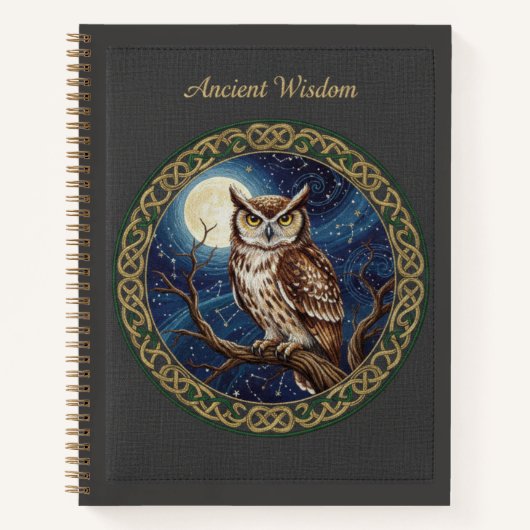 Ancient Wisdom Embroidered Owl & Moon Celestial Notizblock (Vorderseite)