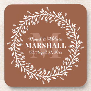 Andenken Frischvermählte Orange Kranz Monogramm Getränkeuntersetzer