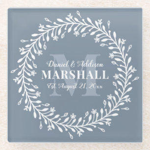 Andenken Frischvermählte Paar Blaue Krone Monogram Glasuntersetzer