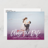 ÄNDERN DER DATUM typografie Glitzer Lila Foto Ankündigungspostkarte (Vorne/Hinten)