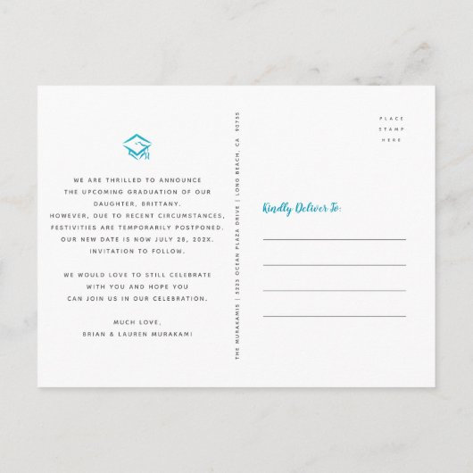 Ändern des Datums Abschluss Foto Türkis Skript Mar Einladungspostkarte (Rückseite)