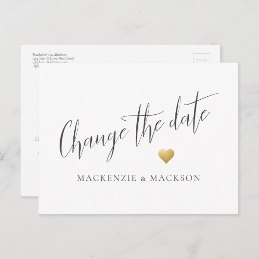 Ändern des Datums Einfache Goldherzen Hochzeit Ankündigungspostkarte (Vorne/Hinten)