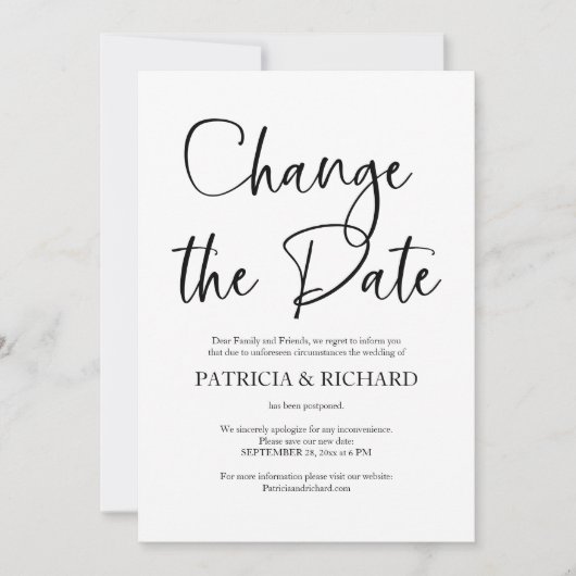 Ändern des Datums Einfache Hochzeit verschoben Einladung (Vorderseite)