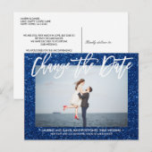 ÄNDERN DES DATUMS Glitzer Blau-Kalligraphie-Foto Ankündigungspostkarte (Vorne/Hinten)
