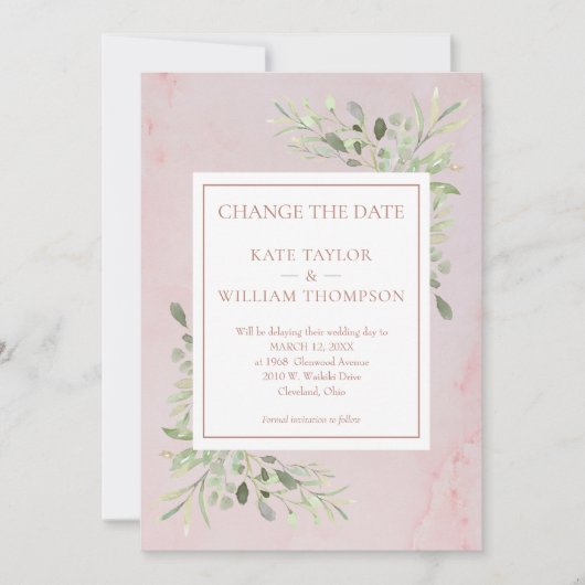 Ändern des Datums Grüne Blätter Rose Gold Marmor Save The Date (Vorderseite)