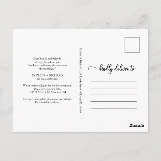 Ändern des Datums Hochzeit verschoben Elegante Skr Postkarte (Rückseite)