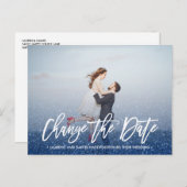 ÄNDERN DES DATUMS Kalligraphie Glitzer Blue Foto Ankündigungspostkarte (Vorne/Hinten)