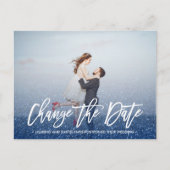 ÄNDERN DES DATUMS Kalligraphie Glitzer Blue Foto Ankündigungspostkarte (Vorderseite)