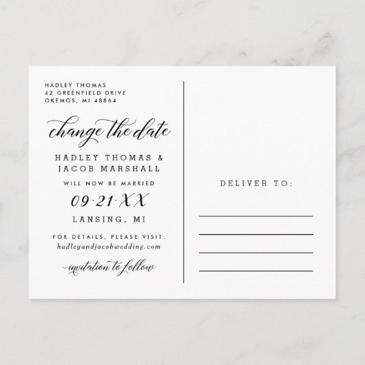 Ändern des Datums Moderne Kalligrafie Hochzeitssze Ankündigungspostkarte (Rückseite)