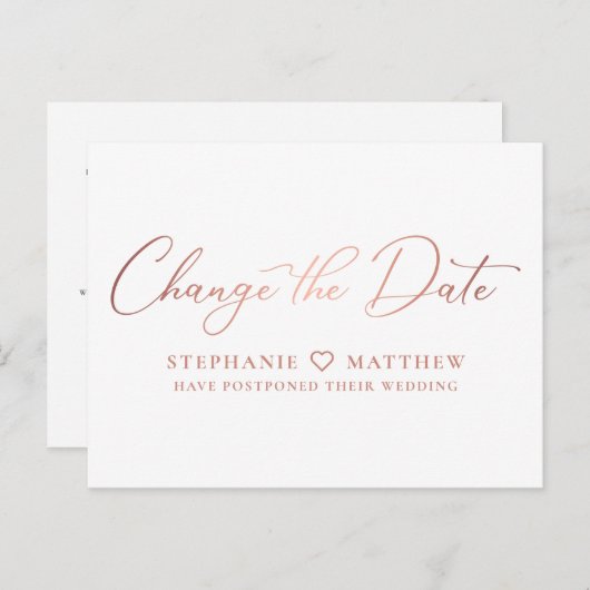 Ändern des Datums Moderne Rose Gold Script Ankündigungspostkarte (Vorne/Hinten)