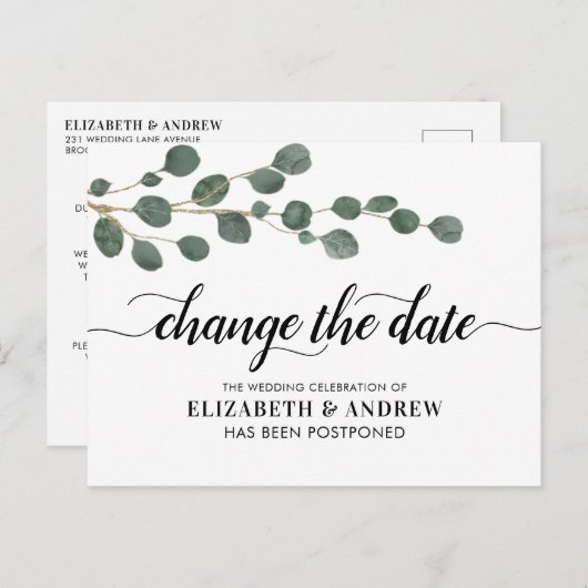 Ändern des Datums Moderne Script Greenerie Eukalyp Ankündigungspostkarte (Vorne/Hinten)