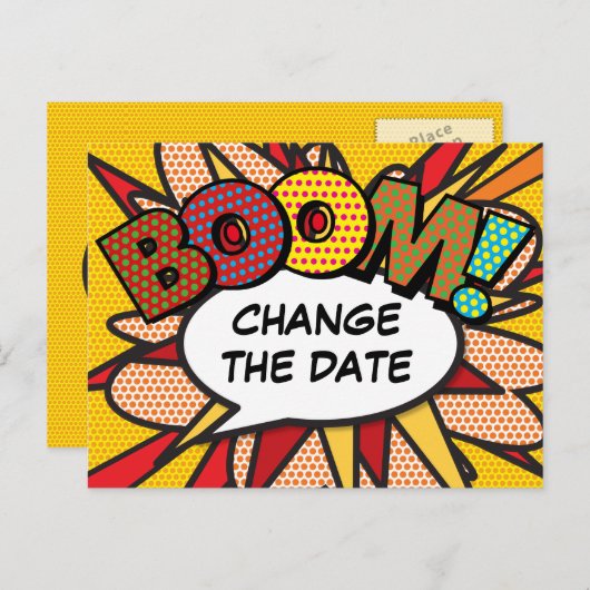 Ändern des Datums Modernes Fun Comic Book Ankündigungspostkarte (Vorne/Hinten)