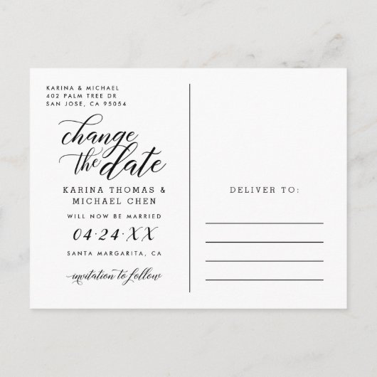 Ändern des Datums Modernes Schwarzes Skript-FotoCo Ankündigungspostkarte (Rückseite)