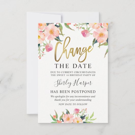 Ändern des Datums Rosa Bläsergoldskript Einladung (Vorderseite)