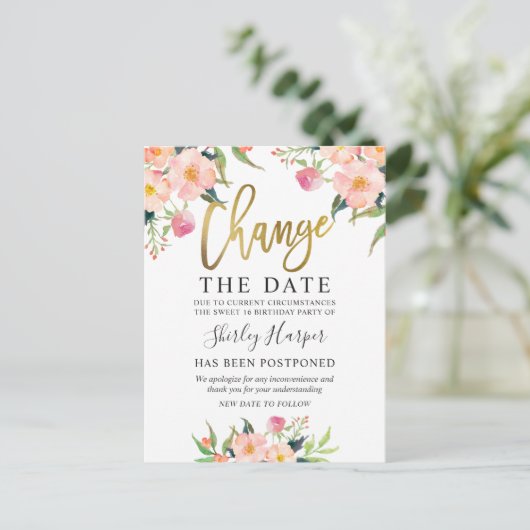 Ändern des Datums Rosa Bläsergoldskript Postkarte (Stehend Vorderseite)