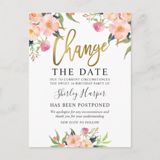 Ändern des Datums Rosa Bläsergoldskript Postkarte (Vorderseite)