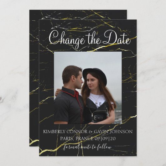 Ändern des Datums Schwarz-Gold-Marmor Save The Date (Vorne/Hinten)