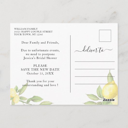 Ändern des Datums Stornierung von Event Lemons Grü Postkarte (Rückseite)