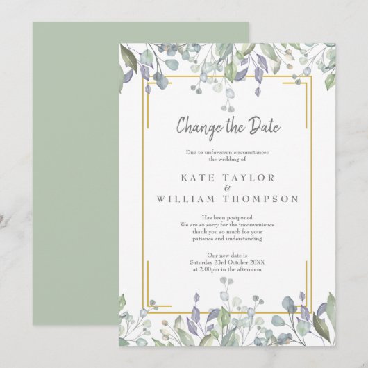 Ändern des Datums Wasserfarben Grünpflanzen Save The Date (Vorne/Hinten)