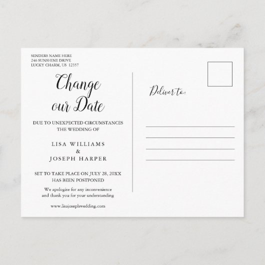 Ändern des Datums Zurückgestellt Einfache Elegante Ankündigungspostkarte (Rückseite)
