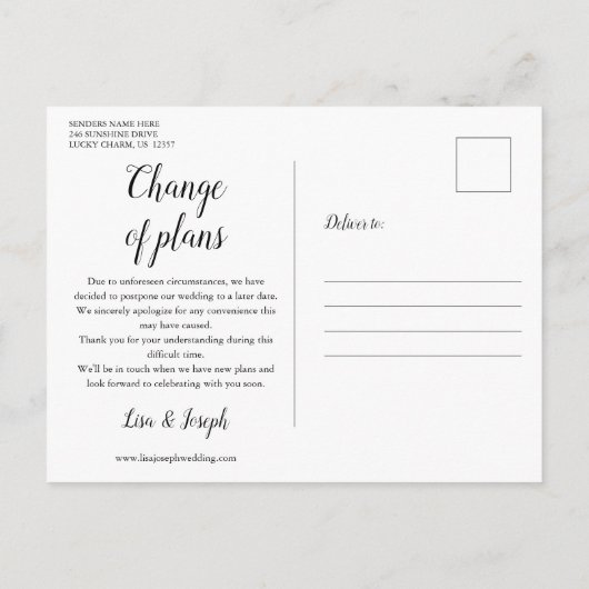 Ändern des Datums Zurückgestellt Storniertes Foto Postkarte (Rückseite)