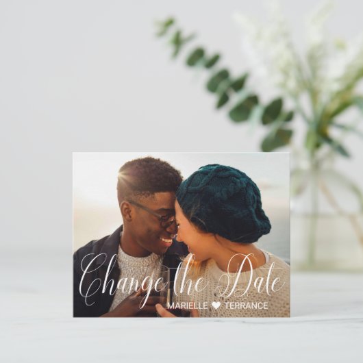 Ändern des Foto White Script-Hochzeitens Postkarte (Stehend Vorderseite)