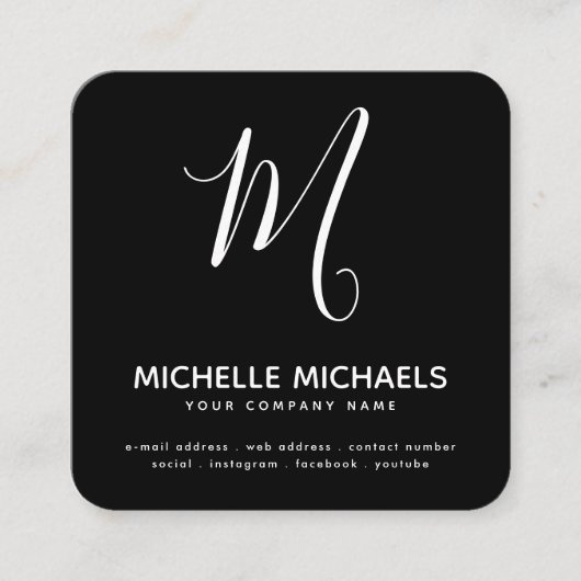 ÄNDERN FARBE Minimal Monogram Script Schwarz & Wei Quadratische Visitenkarte (Vorderseite)