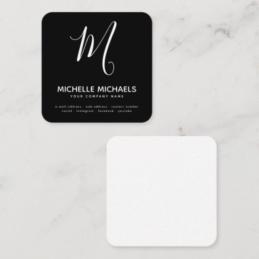 ÄNDERN FARBE Minimal Monogram Script Schwarz & Wei Quadratische Visitenkarte (Vorne/Hinten)